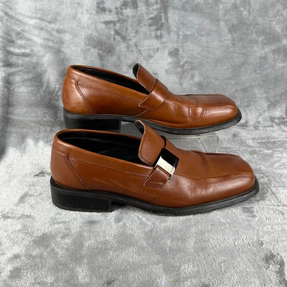 Kenneth Cole New York Mens Leather Loafers Cognac Brown Square Toe Size 11